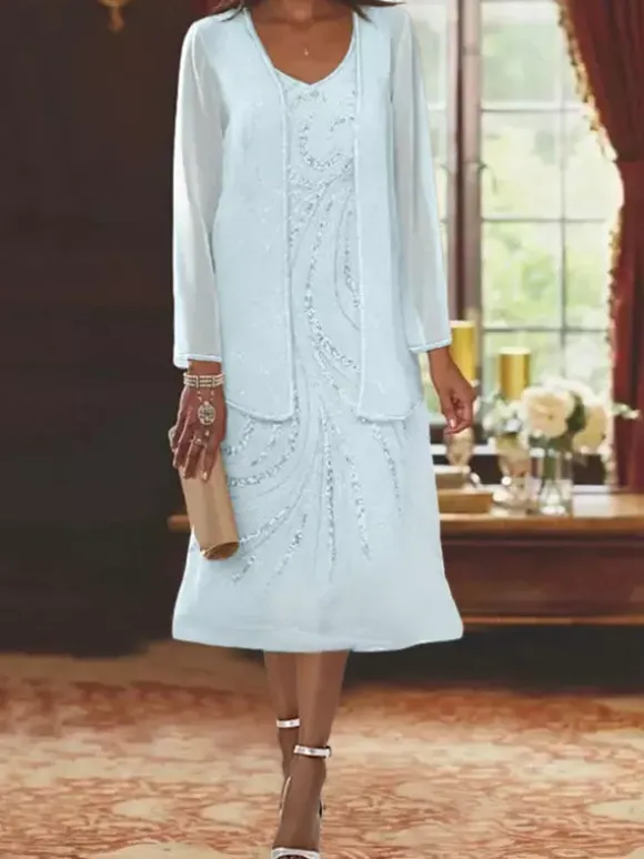 Mother Dress Designed Neckline Long Sleeves Two-piece Sequins Guest Dresses For Wedding