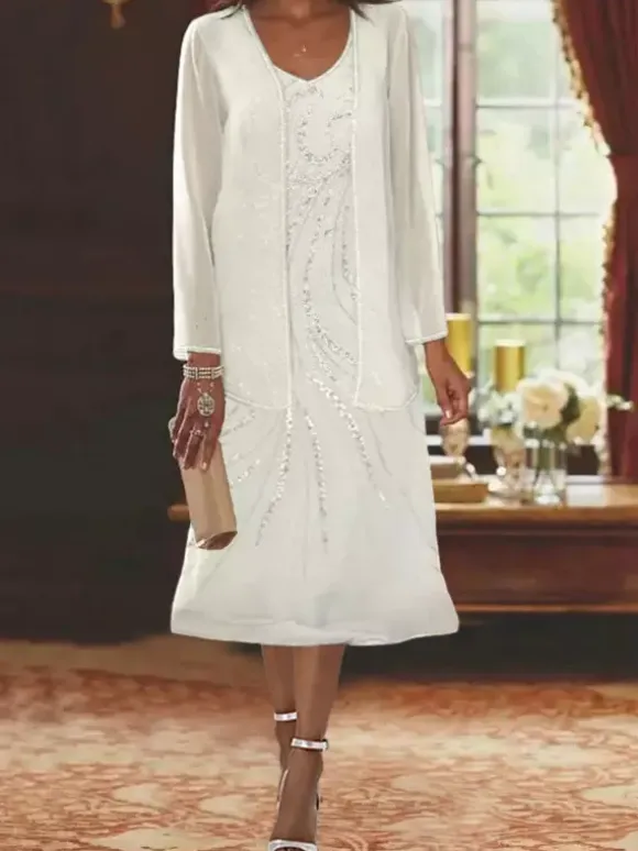 Mother Dress Designed Neckline Long Sleeves Two-piece Sequins Guest Dresses For Wedding