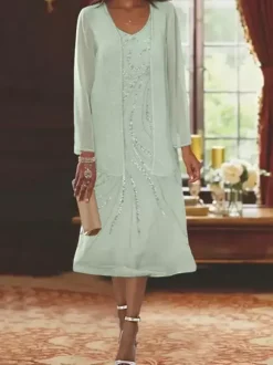 Mother Dress Designed Neckline Long Sleeves Two-piece Sequins Guest Dresses For Wedding
