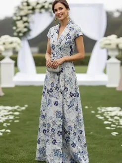 Mother Dress Designed Neckline Short Sleeves A-Line Sash Wedding Guest Dresses