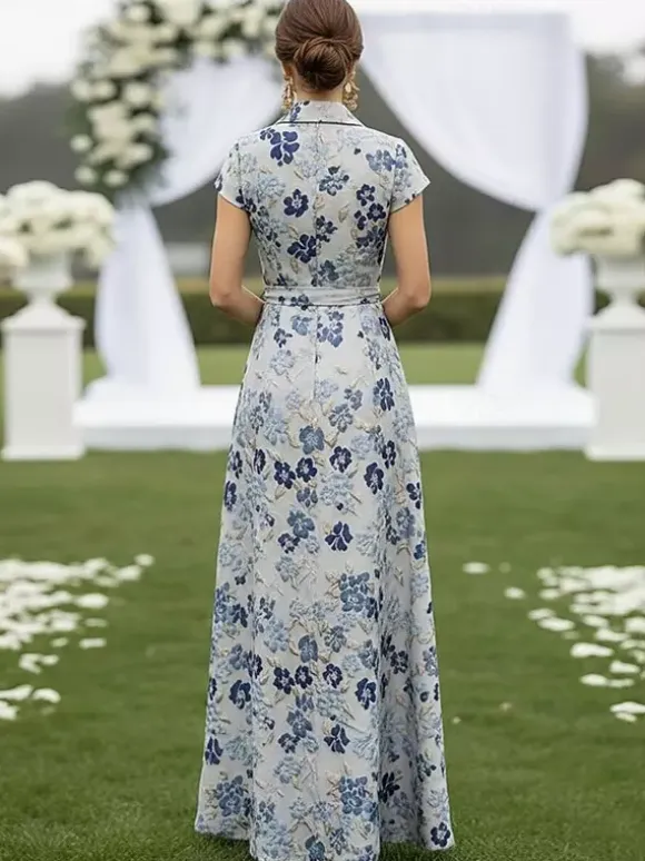 Mother Dress Designed Neckline Short Sleeves A-Line Sash Wedding Guest Dresses