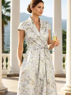 Mother Dress Designed Neckline Short Sleeves A-Line Sash Wedding Guest Dresses