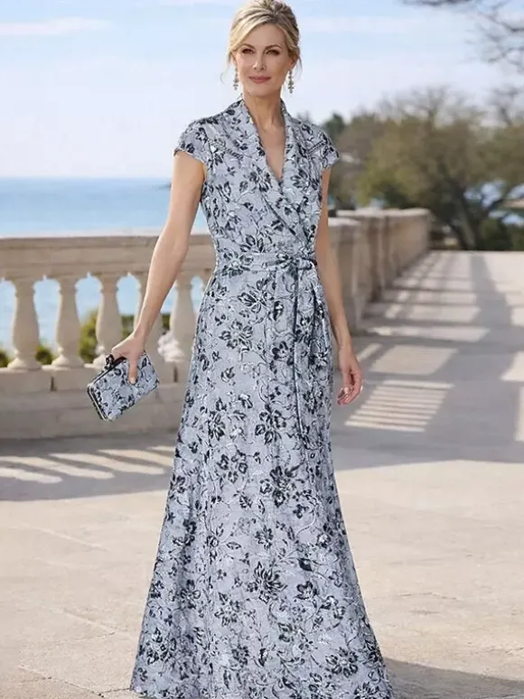 Mother Dress Designed Neckline Short Sleeves A-Line Sash Wedding Guest Dresses