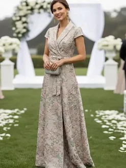 Mother Dress Designed Neckline Short Sleeves A-Line Sash Wedding Guest Dresses