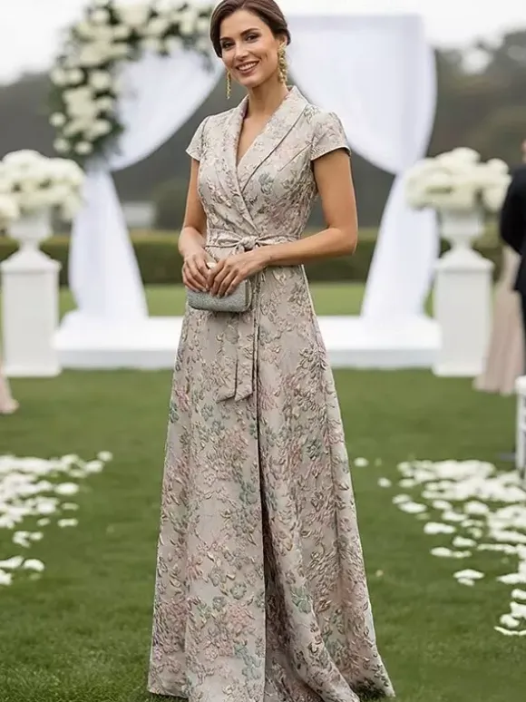 Mother Dress Designed Neckline Short Sleeves A-Line Sash Wedding Guest Dresses