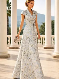 Mother Dress Designed Neckline Short Sleeves A-Line Sash Wedding Guest Dresses