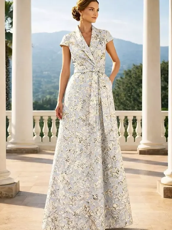 Mother Dress Designed Neckline Short Sleeves A-Line Sash Wedding Guest Dresses
