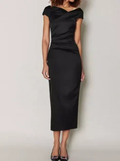 Mother Dress Designed Neckline Short Sleeves A-Line Pleated Tea-Length Wedding Guest Dresses