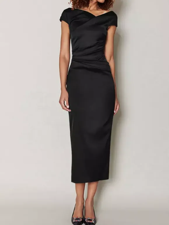 Mother Dress Designed Neckline Short Sleeves A-Line Pleated Tea-Length Wedding Guest Dresses