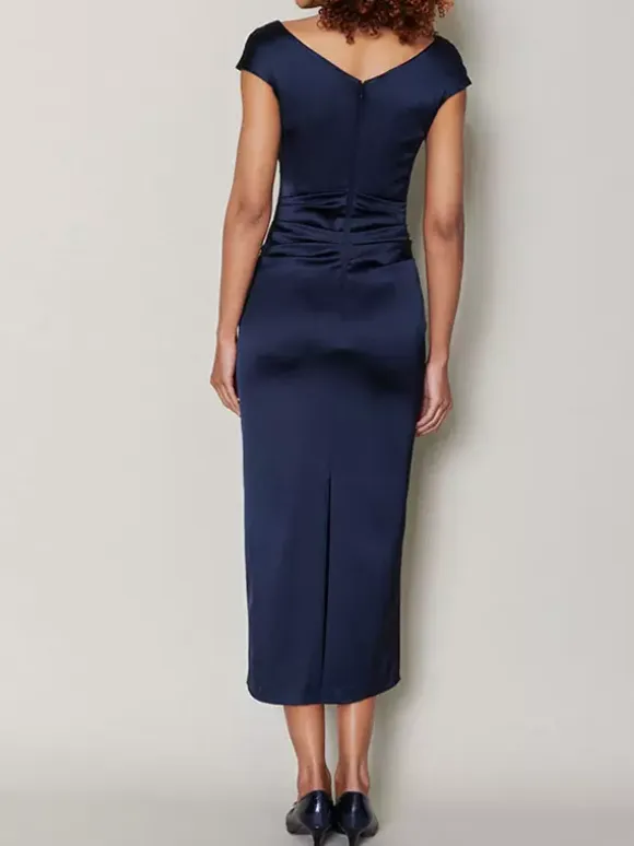 Mother Dress Designed Neckline Short Sleeves A-Line Pleated Tea-Length Wedding Guest Dresses