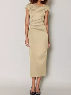 Mother Dress Designed Neckline Short Sleeves A-Line Pleated Tea-Length Wedding Guest Dresses
