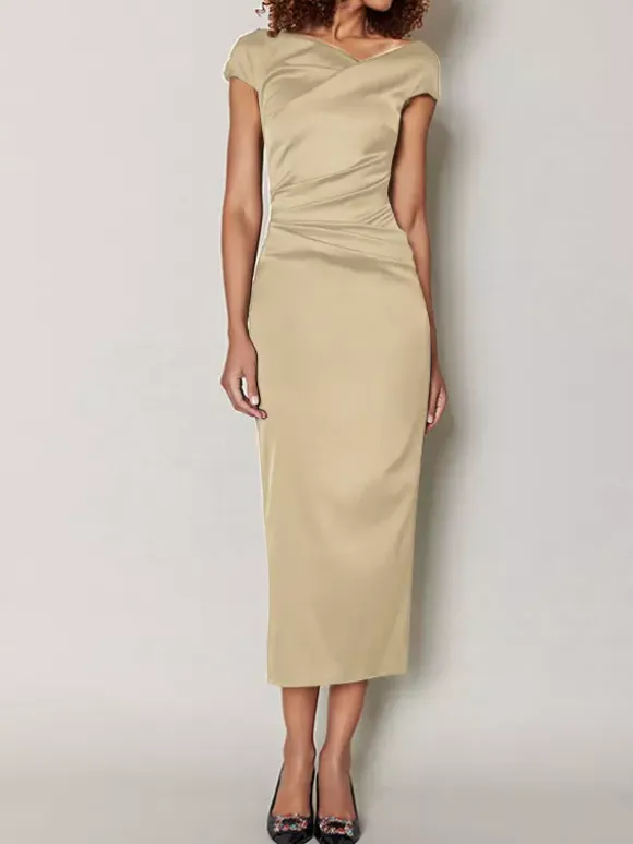 Mother Dress Designed Neckline Short Sleeves A-Line Pleated Tea-Length Wedding Guest Dresses