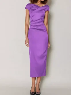 Mother Dress Designed Neckline Short Sleeves A-Line Pleated Tea-Length Wedding Guest Dresses