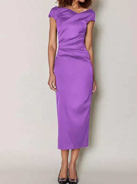 Mother Dress Designed Neckline Short Sleeves A-Line Pleated Tea-Length Wedding Guest Dresses