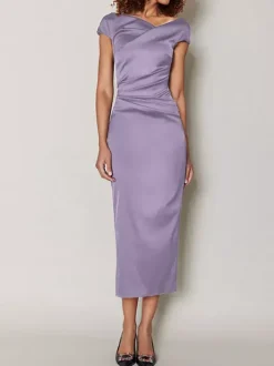 Mother Dress Designed Neckline Short Sleeves A-Line Pleated Tea-Length Wedding Guest Dresses