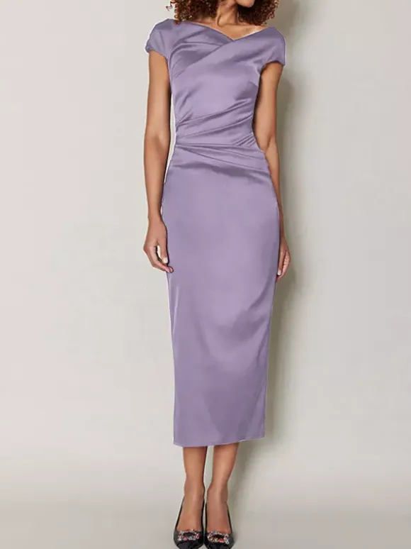 Mother Dress Designed Neckline Short Sleeves A-Line Pleated Tea-Length Wedding Guest Dresses