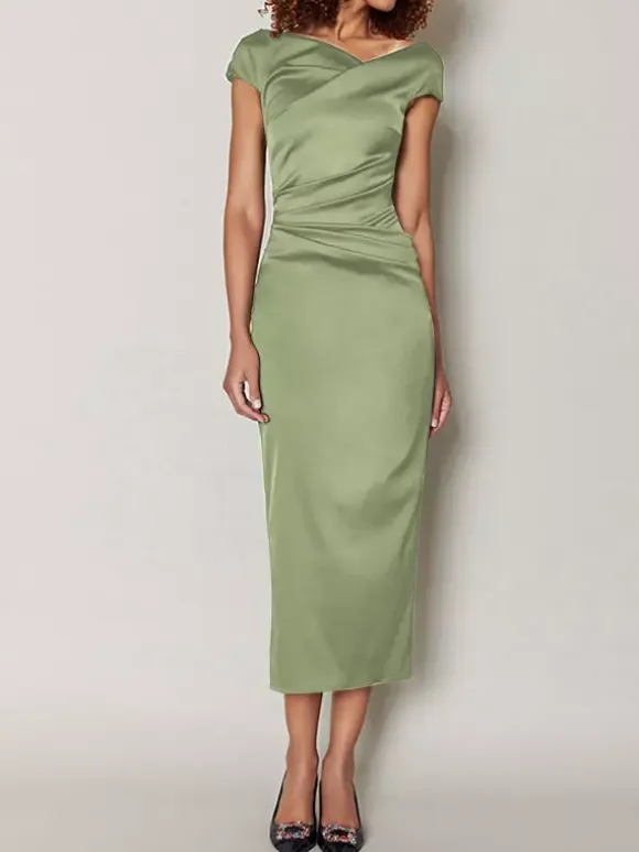 Mother Dress Designed Neckline Short Sleeves A-Line Pleated Tea-Length Wedding Guest Dresses