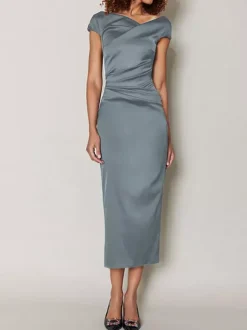 Mother Dress Designed Neckline Short Sleeves A-Line Pleated Tea-Length Wedding Guest Dresses