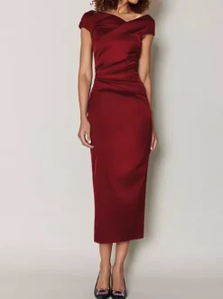 Mother Dress Designed Neckline Short Sleeves A-Line Pleated Tea-Length Wedding Guest Dresses