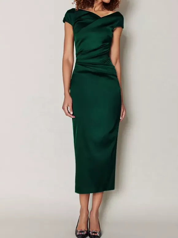 Mother Dress Designed Neckline Short Sleeves A-Line Pleated Tea-Length Wedding Guest Dresses