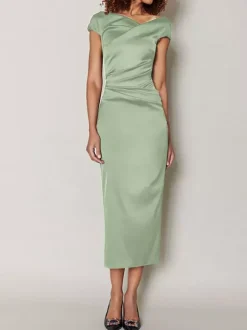 Mother Dress Designed Neckline Short Sleeves A-Line Pleated Tea-Length Wedding Guest Dresses