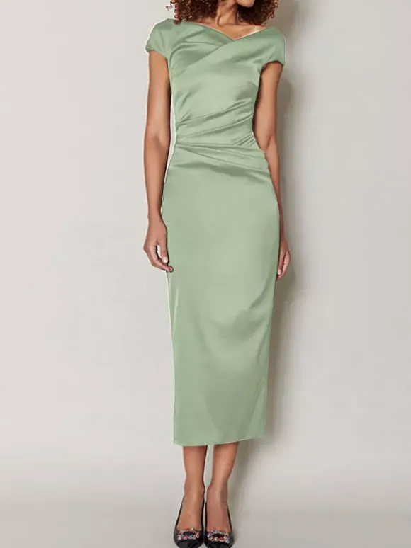Mother Dress Designed Neckline Short Sleeves A-Line Pleated Tea-Length Wedding Guest Dresses