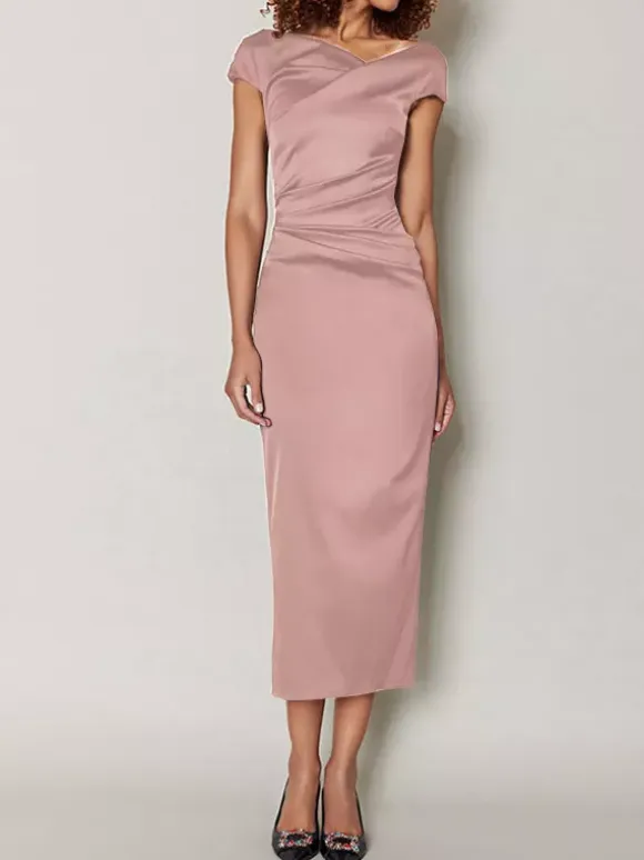 Mother Dress Designed Neckline Short Sleeves A-Line Pleated Tea-Length Wedding Guest Dresses