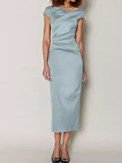 Mother Dress Designed Neckline Short Sleeves A-Line Pleated Tea-Length Wedding Guest Dresses