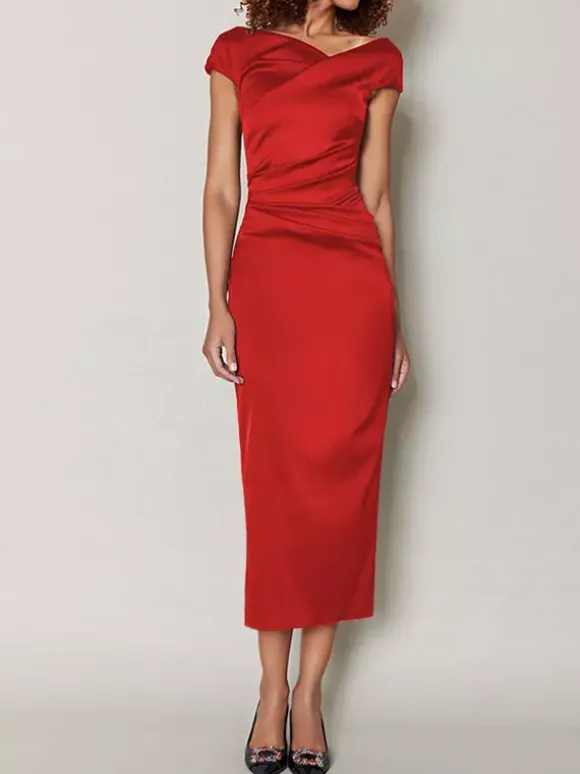 Mother Dress Designed Neckline Short Sleeves A-Line Pleated Tea-Length Wedding Guest Dresses