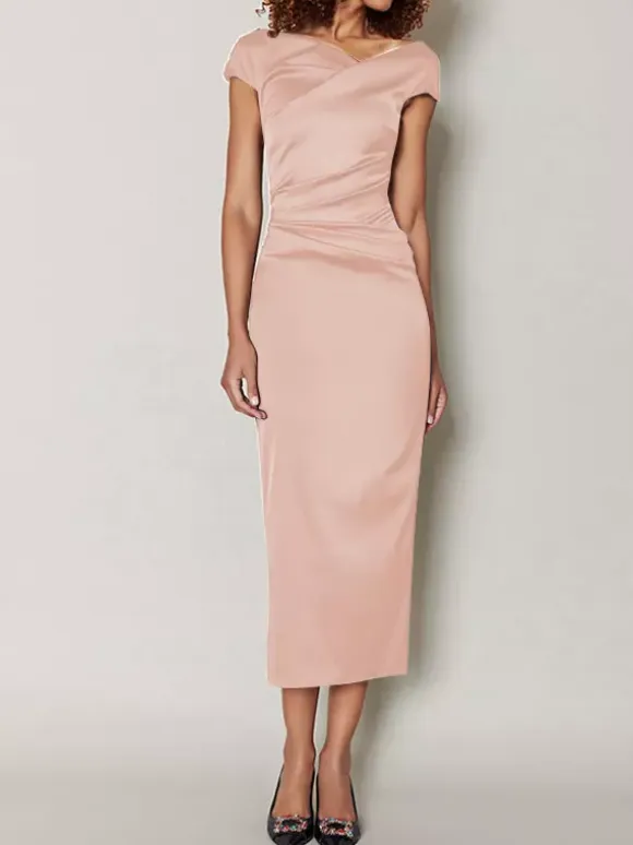 Mother Dress Designed Neckline Short Sleeves A-Line Pleated Tea-Length Wedding Guest Dresses