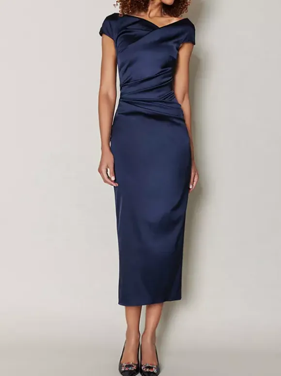 Mother Dress Designed Neckline Short Sleeves A-Line Pleated Tea-Length Wedding Guest Dresses