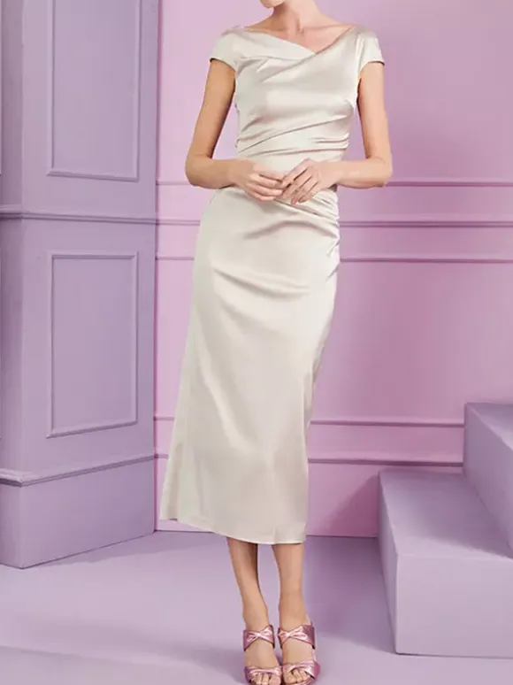 Mother Dress Designed Neckline Short Sleeves A-Line Pleated Tea-Length Wedding Guest Dresses