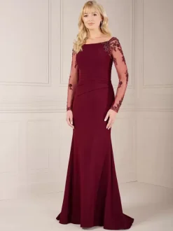 Mother Dress Illusion Sleeves Boatneck Elegant Floor-Length Dress