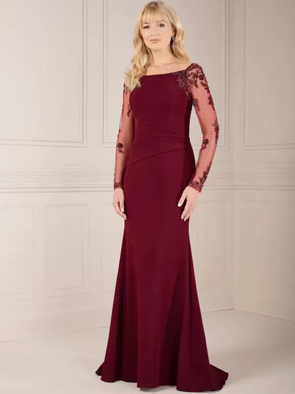 Mother Dress Illusion Sleeves Boatneck Elegant Floor-Length Dress