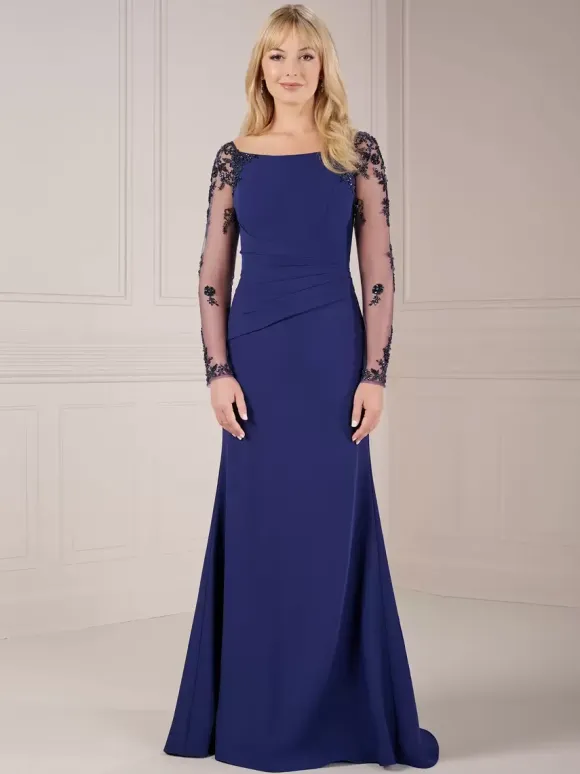 Mother Dress Illusion Sleeves Boatneck Elegant Floor-Length Dress