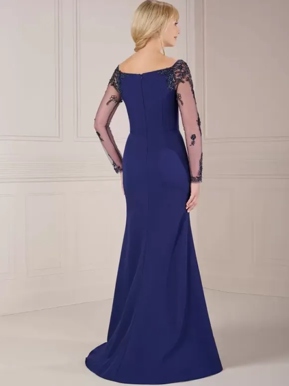 Mother Dress Illusion Sleeves Boatneck Elegant Floor-Length Dress