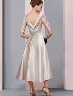 Mother Dress Jewel Neck Half Sleeves A-Line Lace Wedding Guest Dresses