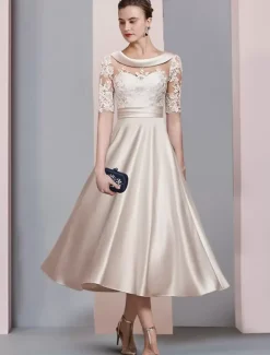 Mother Dress Jewel Neck Half Sleeves A-Line Lace Wedding Guest Dresses