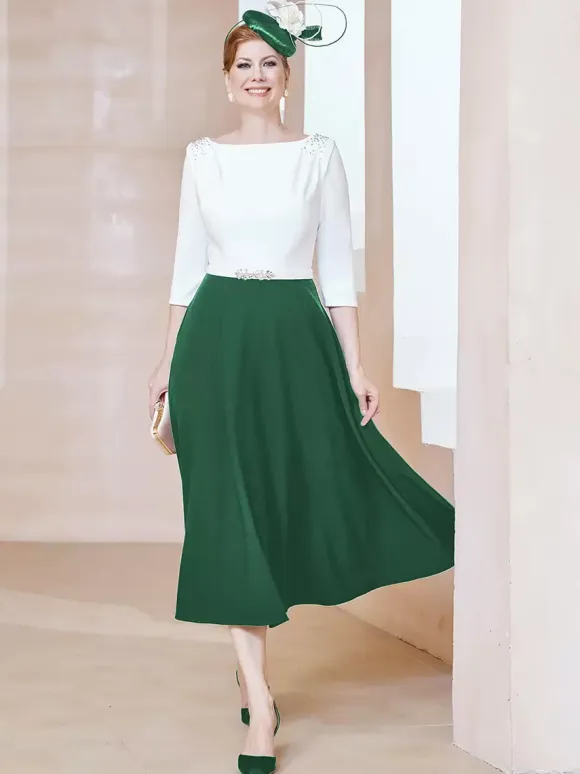 Mother Dress Jewel Neck Half Sleeves A-Line Beaded Tea-Length Guest Dresses For Wedding