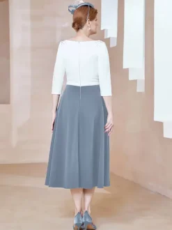 Mother Dress Jewel Neck Half Sleeves A-Line Beaded Tea-Length Guest Dresses For Wedding