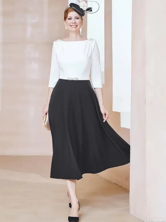 Mother Dress Jewel Neck Half Sleeves A-Line Beaded Tea-Length Guest Dresses For Wedding