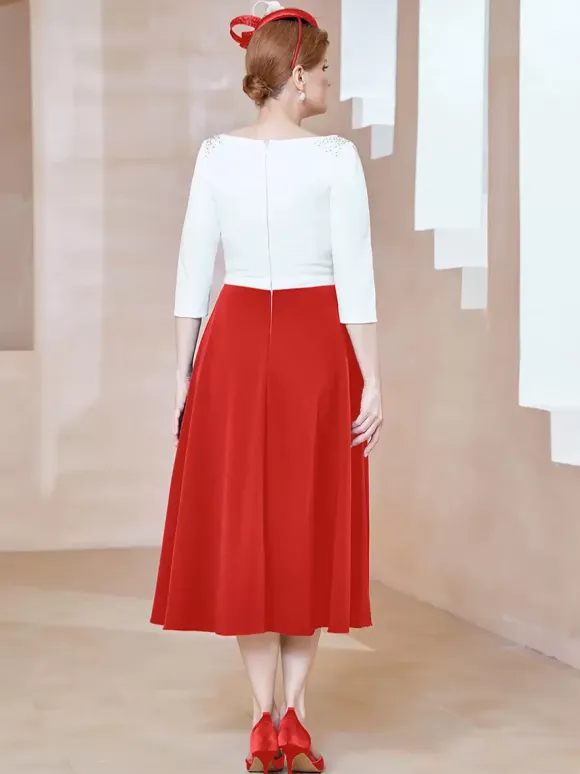 Mother Dress Jewel Neck Half Sleeves A-Line Beaded Tea-Length Guest Dresses For Wedding