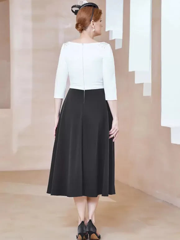 Mother Dress Jewel Neck Half Sleeves A-Line Beaded Tea-Length Guest Dresses For Wedding