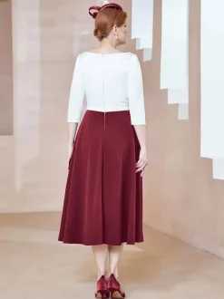 Mother Dress Jewel Neck Half Sleeves A-Line Beaded Tea-Length Guest Dresses For Wedding
