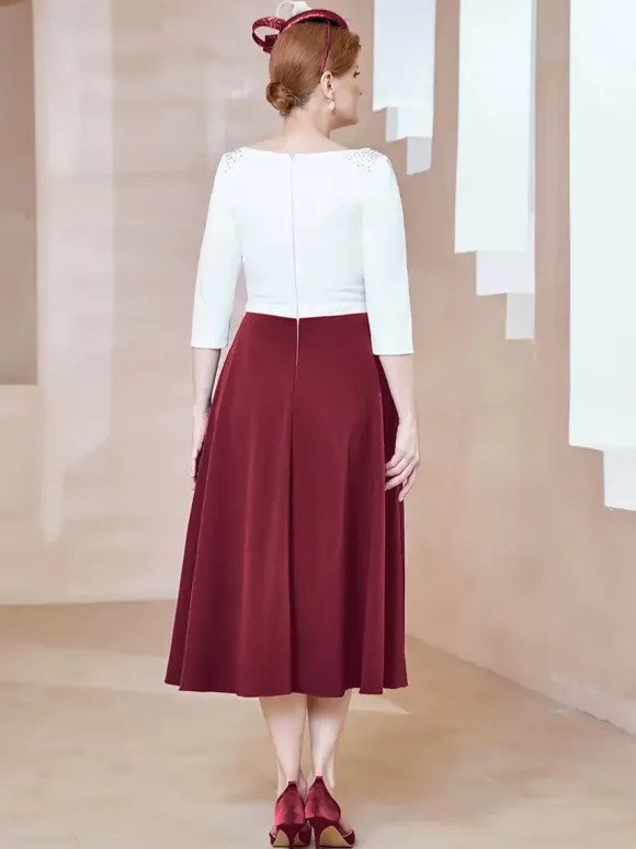 Mother Dress Jewel Neck Half Sleeves A-Line Beaded Tea-Length Guest Dresses For Wedding