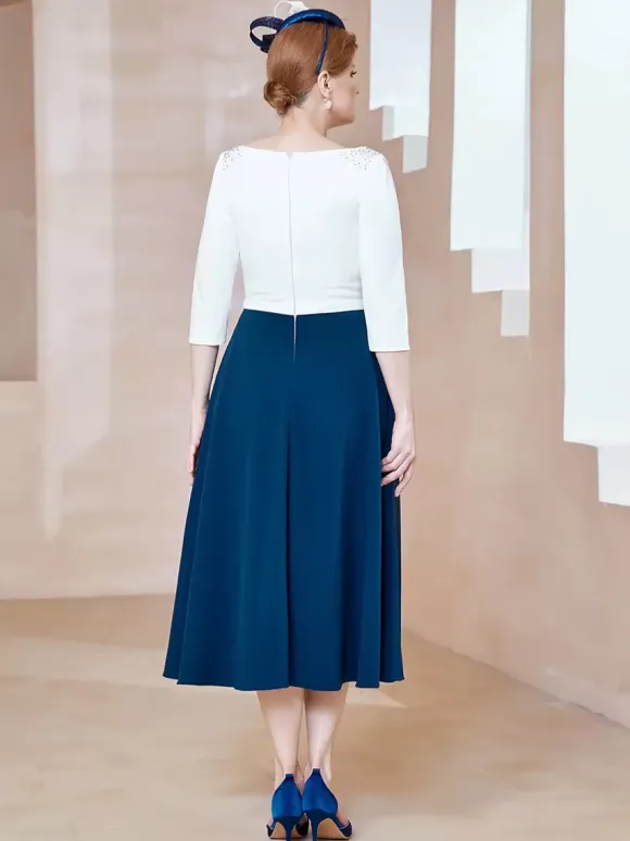 Mother Dress Jewel Neck Half Sleeves A-Line Beaded Tea-Length Guest Dresses For Wedding