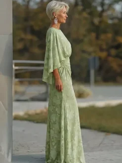 Mother Dress Jewel Neck 3/4 Length Sleeves Ball Gown Pleated Wedding Guest Dresses