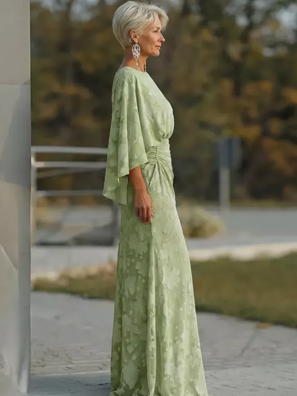 Mother Dress Jewel Neck 3/4 Length Sleeves Ball Gown Pleated Wedding Guest Dresses