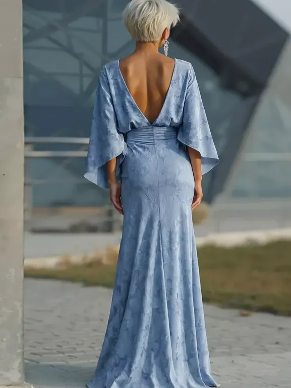 Mother Dress Jewel Neck 3/4 Length Sleeves Ball Gown Pleated Wedding Guest Dresses