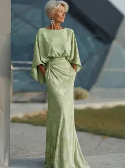 Mother Dress Jewel Neck 3/4 Length Sleeves Ball Gown Pleated Wedding Guest Dresses